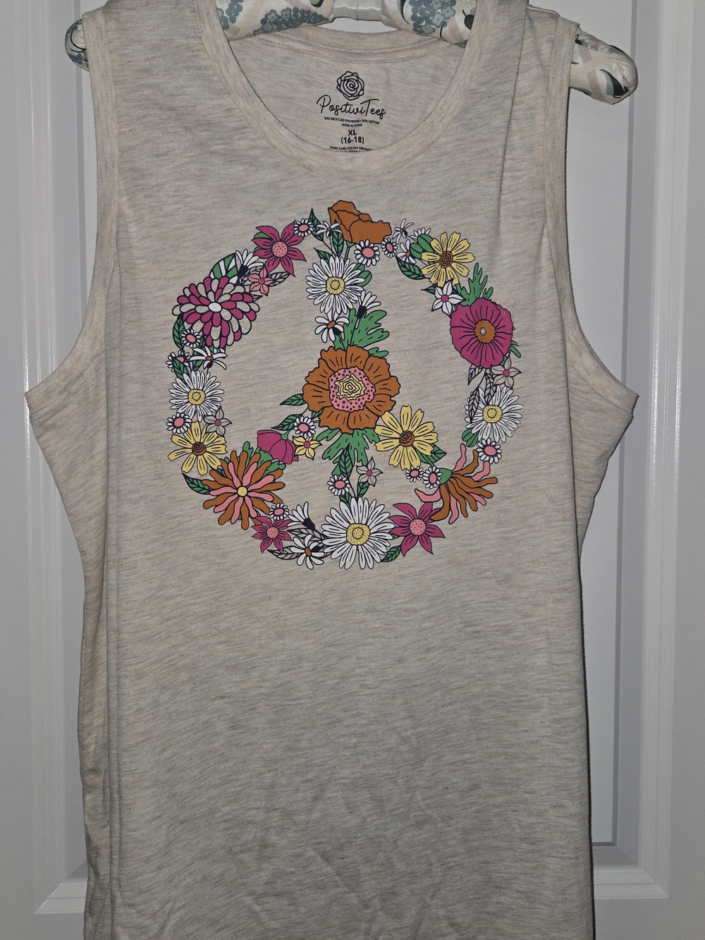 Cream Tank Top with Colorful Floral Peace Sign XL